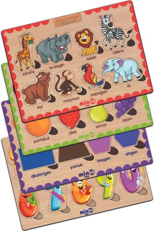 Wood Turkish Forest Animal. +fruits+shapes+numbers Set of 4 Educational Puzzle - Miniq Toys