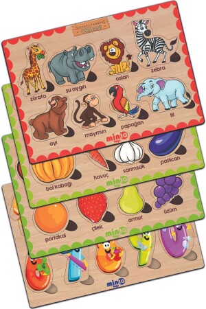 Wood Turkish Forest Animal. +vegetables+fruits+numbers Set of 4 Educational Puzzle PCK-0179 - minİQ toys