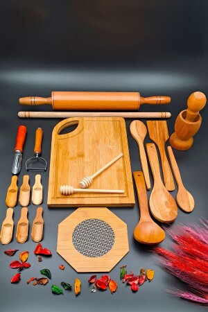 Wooden 21-Piece Kitchen Dowry Set, Rotary Roller, Mortar, Rolling Pin, Trivet, Ladle, Cutting Board, Carving and Peeling - Swencraft