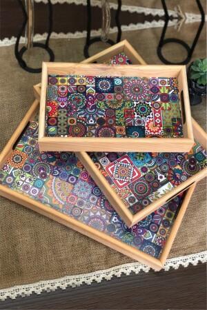 Wooden 3 Size Tile Patterned Service Presentation Tray Tea Coffee Serving Tray Tea Tray - Deseja