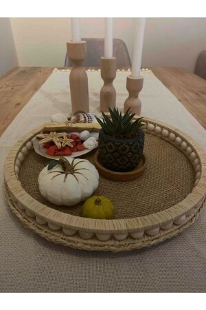 Wooden Beaded Natural Raffia Wicker Decorative Tray 29,5cm nsdjdhsdjf - fn