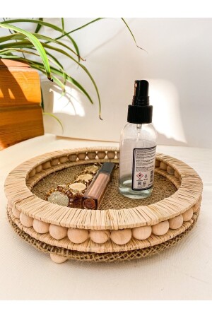 Wooden Beaded Wicker Natural Raffia Tray, Decorative Tray, Decor Tray For Bathroom, Home, Table 23cm Diameter TPS02304 - homeyandlovey