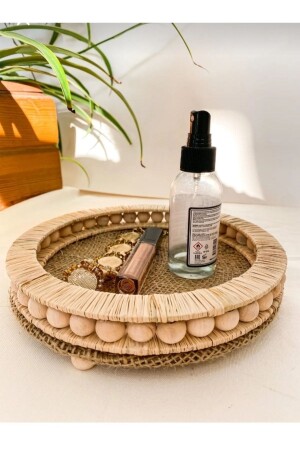 Wooden Beaded Wicker Natural Raffia Tray, Decorative Tray, Decor Tray For Bathroom, Home, Table 25 Cm Diameter rcp5454 - Genel Markalar