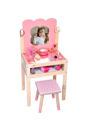 Wooden Children's Beauty Makeup Table with Stool mslmkjtbr - Masal Oyuncak