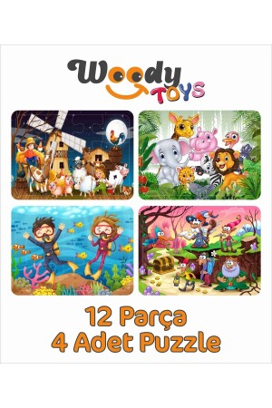 Wooden Children's Jigsaw Puzzle Set of 4 12 Pieces - Dwarfs - Animals - Submarine - Farm - Woody Toys