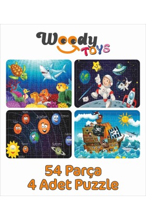 Wooden Children's Jigsaw Puzzle Set of 4 54 Pieces - Planets, Astronaut, Pirate Ship and Submarine puzzle013 - woody toys