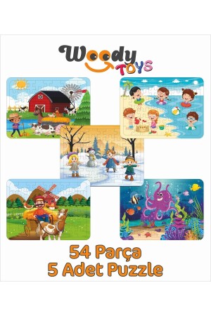 Wooden Children's Jigsaw Puzzle Set of 5 54 Pieces - Submarine, Farm, Snow Play, Sea puzzle025 - woody toys