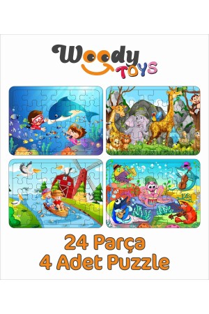 Wooden Children's Puzzle Puzzle Set of 4 24 Pieces - Submarine, Sea Animals, Cute Animals, Mill puzzle003 - woody toys
