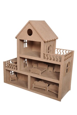 Wooden Doll House (With 15 Furnitures) - Hedef Bebek Evi