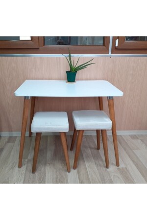 Wooden Hornbeam Leg Kitchen Dining Table Set with 2 Stools 2 Stools 1 Table Set 60x90 Table Set with Stools-Tk-White - Depolife
