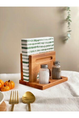 Wooden Napkin Holder - 2 Pcs Round Salt and Pepper Shakers - Wooden Spice Shakers - Round Glass Salt and Pepper Shakers - Nobleraven Design