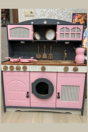 Wooden Painted Toy Kitchen and Teapot, Pots and Pans Set (with 1 LED Lighting Gift) HDF72102003632057P1ZLM - Hedef Ahşap