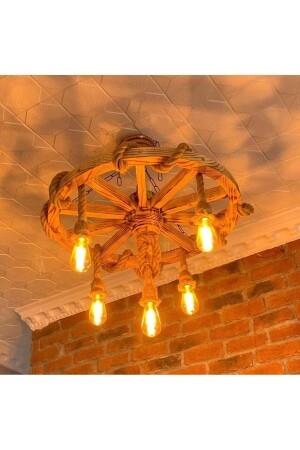 Wooden Rope Wheel Chandelier 70 Cm. 5 Piece K06 Free Pendant 67056 - Otantik Çarşı