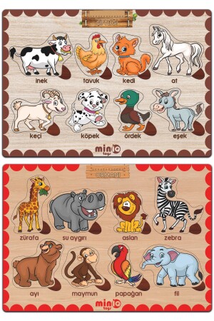 Wooden Turkish Forest and Farm Animals Set of 2 Educational Puzzle - Miniq Toys