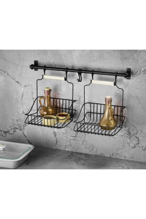 Wrought Iron Metal Basket Hanger And Hook Set Black Retro 2 Baskets - Sas Haus