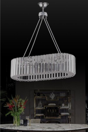 Xl Lüx Elmas Yemek Masası Gümüş Oval Kenarlı Kristal Taşlı Avize 1605040012601 - İstanbul Avize