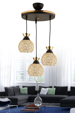 Yağmur 3-Piece Pendant Lamp Crystal Ball Black to Gold Tray Modern Luxury Chandelier 3014 - KUZEY AYDINLATMA