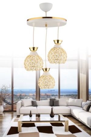Yağmur 3-Piece Pendant Lamp Crystal Ball White to Gold Tray Modern Luxury Chandelier 3013 - KUZEY AYDINLATMA