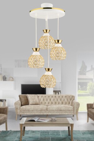 Yağmur 4-Piece Pendant Lamp Tray White to Gold Gilded Crystal Ball Modern Chandelier 4034 - KUZEY AYDINLATMA