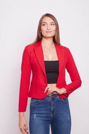Yakalı Flato Cepli Uzun Kol Pamuklu Kumaş Kısa Blazer Ofis Ceket -kırmızı - Jument