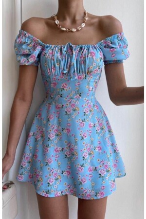 Yakası Bağlamalı Pembe Çiçekli Mavi Elbise - Afiş Butik