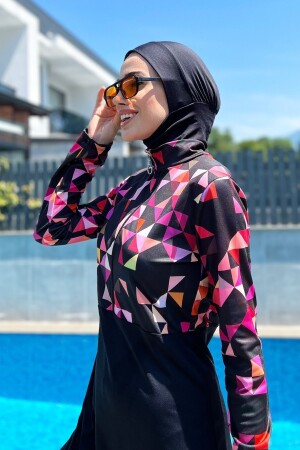 Yarım Fermuarlı Likralı Tam Kapalı Mayo R4501 Pembe Geometri - Remsa Mayo
