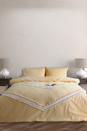 Yellow Colored Cotton Double Pom-Pom Double Duvet Cover Set SPÇKN-2 - NDC HOME