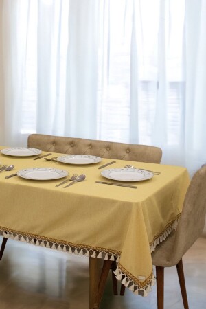 Yellow Cotton Linen Brown Stripe Pompom Tablecloth - Ndc Home
