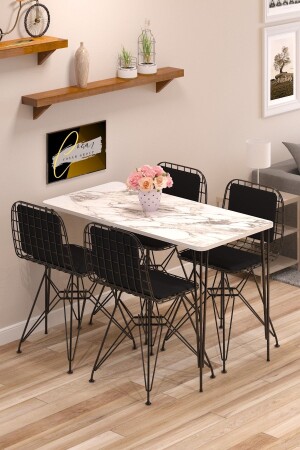 Yemek Masa Takımı Mutfak Masası Sırt Minderli 4 Adet Tel Sandalye 1 Adet Masa 60x120 Beyaz Gri - Cosargroup