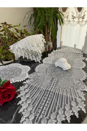 Yeni Lüks Runner Salon Oda Sehpa Masa Örtüsü Salon Takımı 5 Parça(BEYAZ) - Tekstilsa
