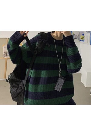 Yeşil Siyah Çizgili Streetwear Oversize Kazak Kazak1 - Favorim50ton