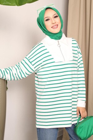 Yeşil Yaka Fermuarlı Çizgili İki İplik Sweatshirt - İmajbutik