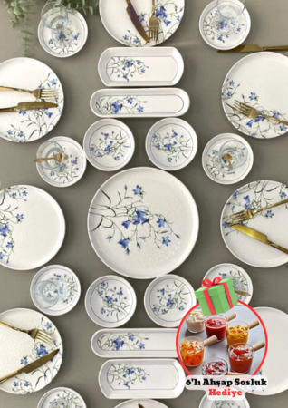 هدية طراز Yiğit Ceramic Glassware Çiğdem Blue Model 25 قطعة طعام الإفطار مجموعة 8 أشخاص طعام الإفطار مجموعة ومطبخ الحياة 6 قطعة خشبية المقبض - Yiğit Seramik Züccaciye