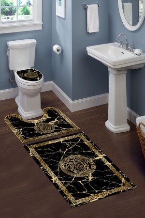 Yıkanabilir Kaymaz Tabanlı Dekoratif Desenli 3 Lü Klozet Takımı Banyo Paspas Seti KT-011 - Doruklar Home Collection