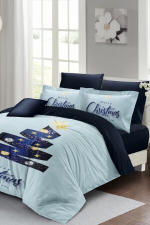 Yılbaşı Nevresim Takımı (Lastikli Çarşaflı) Çift Kişilik %100 Pamuk Saten Blue Noel MONOHOME40864 - Monohome