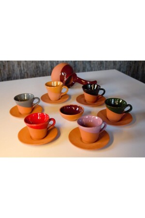 Yörem Çömlek Clay Set of 6 Coffee Cups with Coffee Pot and Turkish Delight Bowl 117T-TT1 - YRM ÇÖMLEK