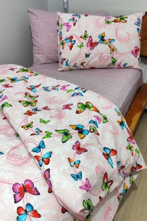 Young Butterfly Pink 4-Piece Duvet Cover Set with Elastic Sheets for Single Person (100X200 CM) - Candan Çeyiz