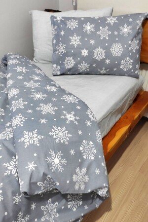 Young Snow Patterned Winter Gray 4-Piece Duvet Cover Set with Elastic Sheets for Single Person (100X200 CM) - Candan Çeyiz