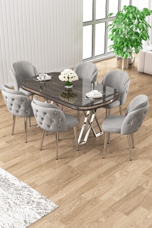 Zae Series 90x160 Lacquer Panel Anthracite Ironi chrome Leg Table Set 6 Gray Chairs - Canisa