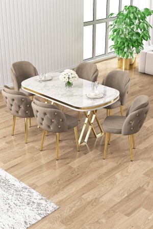 Zae Series 90x160 Lacquer Panel White Marble Pattern Gold Leg Table Set 6 Cappucino Chairs - Canisa