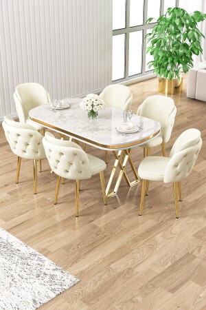 Zae Series 90x160 Lacquer Panel White Marble Pattern Gold Leg Table Set 6 Cream Chairs - Canisa