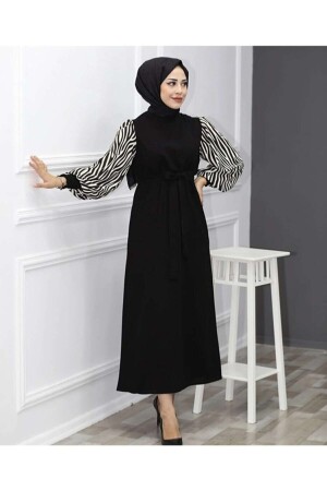 Zebra Desenli Uzun Boy Tesettür Elbise - Siyah ZERAA-678 - Hera Fashion