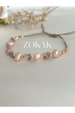 Zertifiziertes Armband aus echtem Naturstein, rosa Perle und Quarz-Naturstein - Zokak