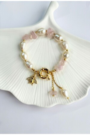 Zertifiziertes Damenarmband aus echten Perlen und rosa Quarz-Naturstein mit Zirkon-Design und Bienenfigur - Jewine Studio