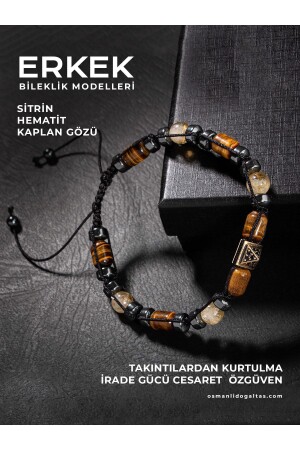 ZERTIFIZIERTES TIGERAUGE-CITRIN-HÄMATIT-NATURSTEIN-ZIRKON-AUSRÜSTUNG ARMBAND MIT MAKRAMME-STRICKDESIGN - Osmanli Doğal Taş