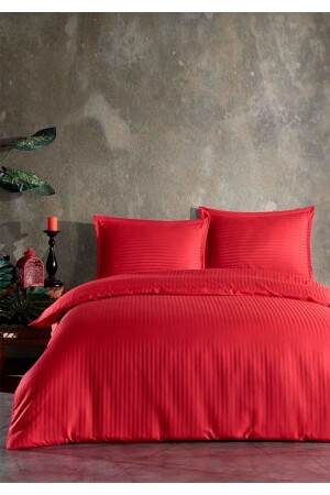 Ziganahome Rot gestreiftes Satin-Bettbezug-Set, Doppelbett, ohne Gummizug und 2 Kissenbezüge Zgn3434 - enti ev tekstili