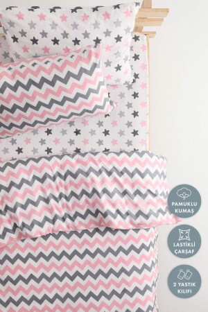 Zigzag Patterned Cotton Single Duvet Cover Set with Elastic Sheets - Pink - Favora