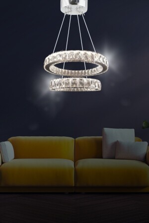 Zilla 2'li Modern Sarkıt Kristal Taşlı Led Avize - 3 Renk Kumandalı - ( Beyaz - Sarı - Gün Işığı ) SAFİR2GMS - bestof tasarım