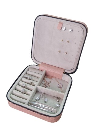 Zippered Leather (Wooden Case) Medium Size Jewelry, Travel and Jewelry Bag, Box Powder (15x15 Cm) AKM-02PUDRA - ÖZER KUTU