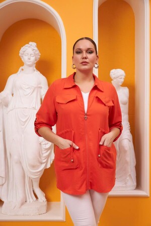 Zippered Plus Size Orange Jacket with Waist Tie Detail - Rmg